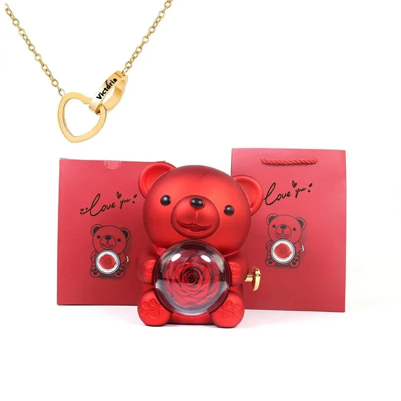 Oso con rosa eterna y collar personalizado