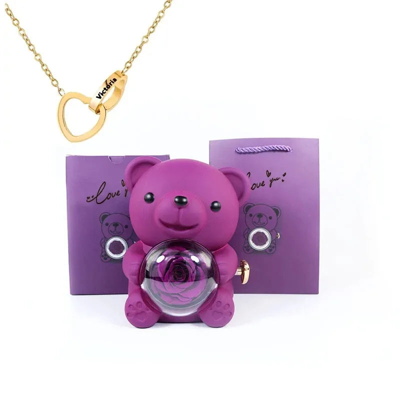 Oso con rosa eterna y collar personalizado