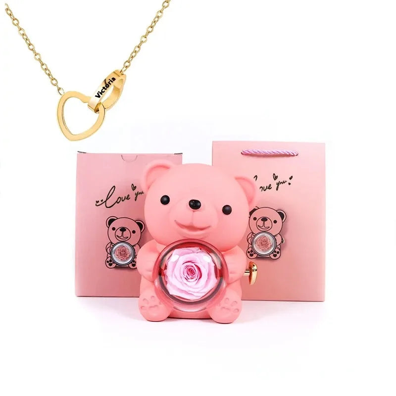 Oso con rosa eterna y collar personalizado