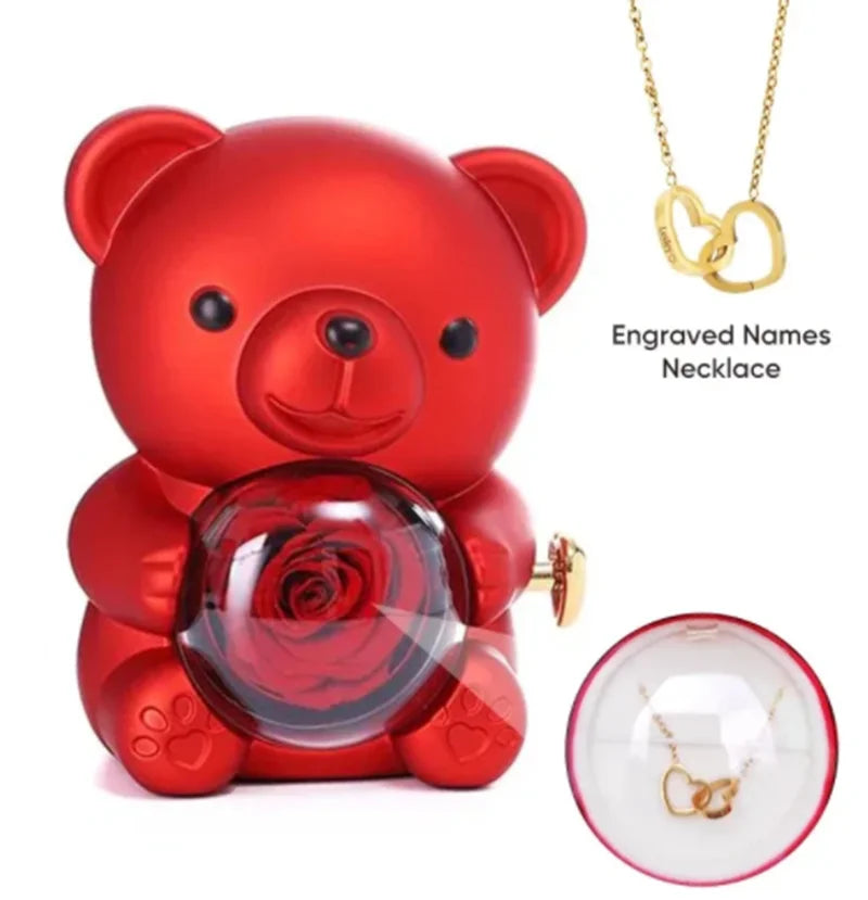 Oso con rosa eterna y collar personalizado